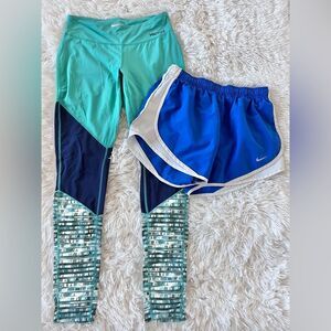 Nike drift shorts & Marmot compression athletic leggings blue green size small